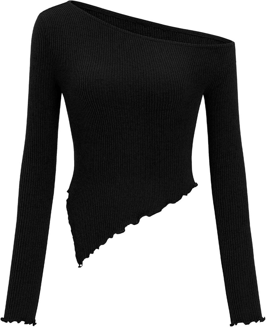 Zenlonr Womens Long Sleeve Shirts Fall Outfits 2025 Off The Shoulder Tops Asymmetrical Fitted Knit T Shirts Going Out Tops (Small, Black)