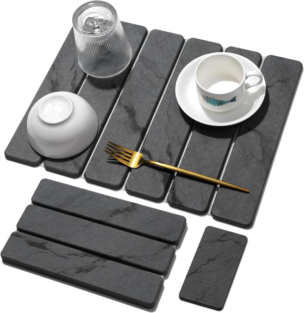 Small Stone Dish Drying Mat for Kitchen Counter, 2 PCS 16"12" & 8"x4" Quick Dry Stone Mats, Foldable Water Absorbing Diatomaceous Earth Drying Dish Pad for Countertop Bottles Utensils Cups(Dark Gray)