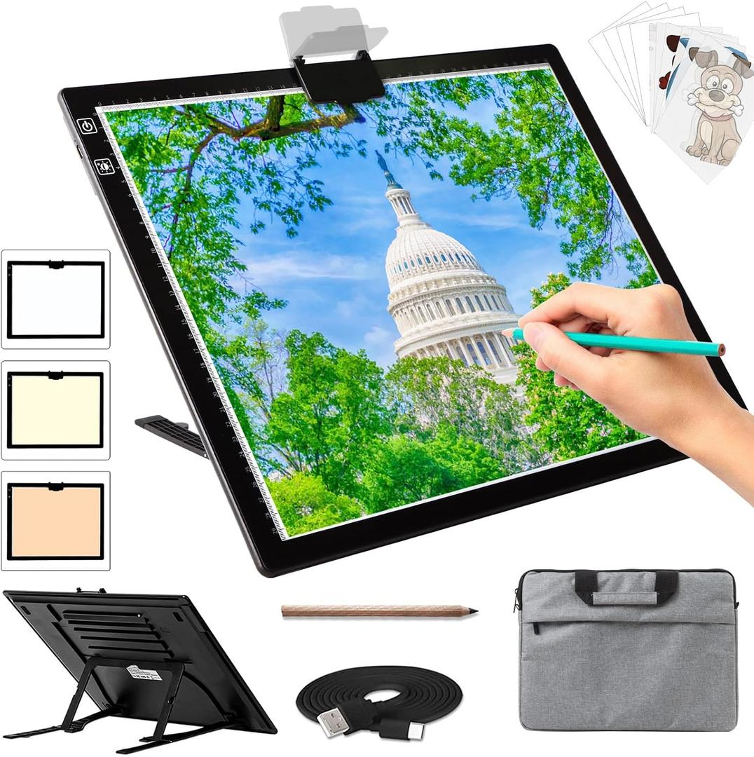 A3 Light Board for Diamond Painting - Rechargeable Tracing Light Box with Carry Bag, 3 Colours Stepless Dimmable 6 Levels Brightness Light Pad, Battery Powered Portable Light Pad for Tracing