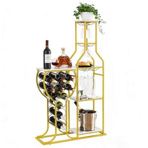 5-Tier Wine Rack Freestanding Floor, 11 Bottles Modern Wooden Wine Holder-Storage Cabinet for Home Bar, Kitchen, Dining Room Space Saving Bar Stand with Easy Assembly (Gold/White)