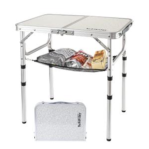 YUFIFAIRY Small Folding Camping Table with Mesh Layer 3 Heights 2 Foot, Aluminum Lightweight Portable Folding Table with Adjustable Legs, Great for RV, car Camping and Outdoor Cooking Picnic