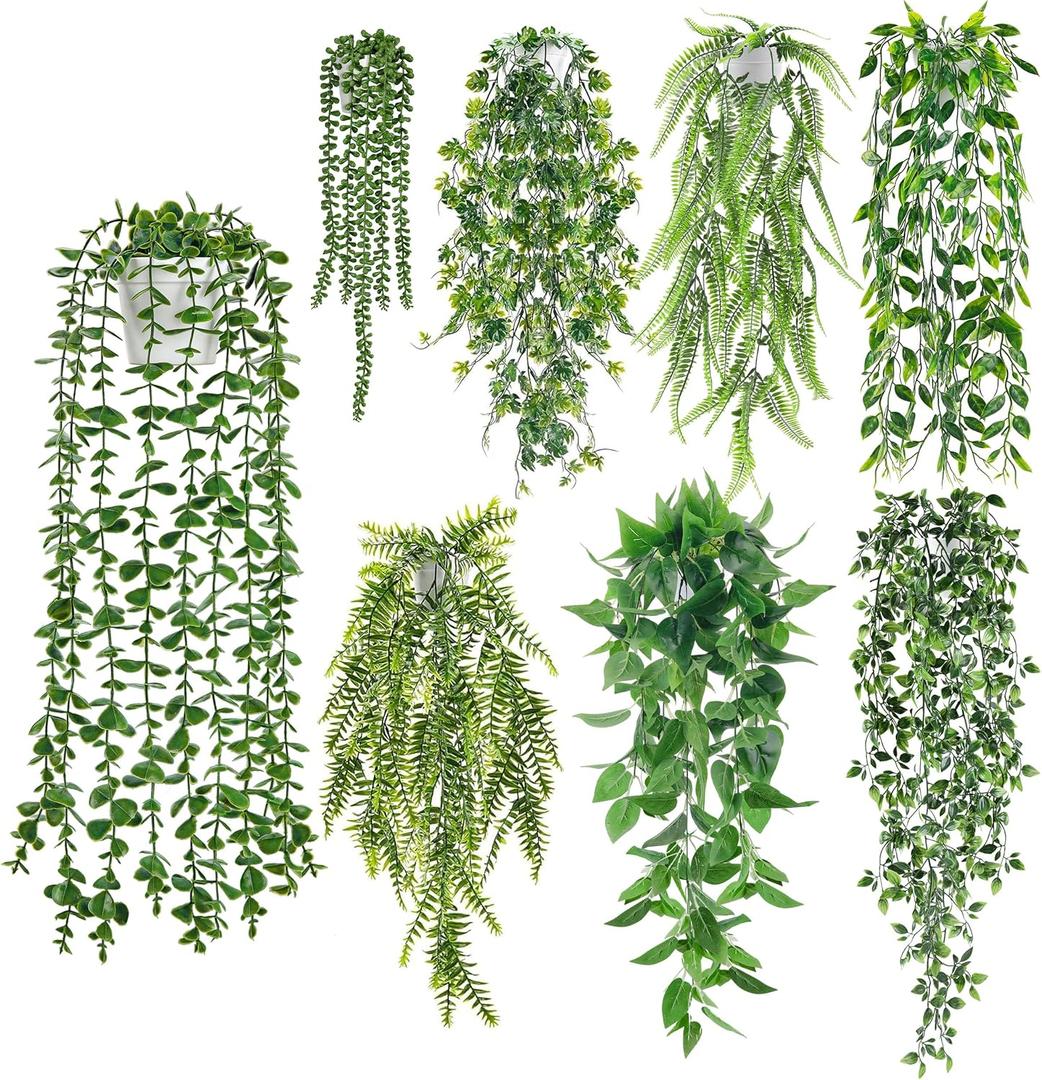 Der Rose 8Pcs Fake Plants Hanging Artificial Ivy Vine Faux Eucalyptus Hanging Plants for Home Boho Wall Shelf Indoor Outdoor Decor (White Pots)