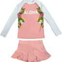PHIBEE Girls' Rash Guard Set Long Sleeve UPF 50+ Sun Protection One -Piece Swimwear Pink/White 14
