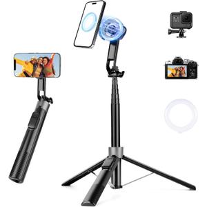 70" Magnetic Phone Tripod, Selfie Stick Tripod for iPhone Magsafe with Rechargeable Remote & 2 in 1 Magnetic Holder, Portable Cellphone Stand for Recording Travel, Compatible with iPhone and Android (Black)