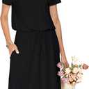 Simier Fariry Womens Summer Hide Belly Knee Length Travel Dress Pocket 2025 Short Sleeve Midi Work Casual Teacher Outfit (Large, Black)