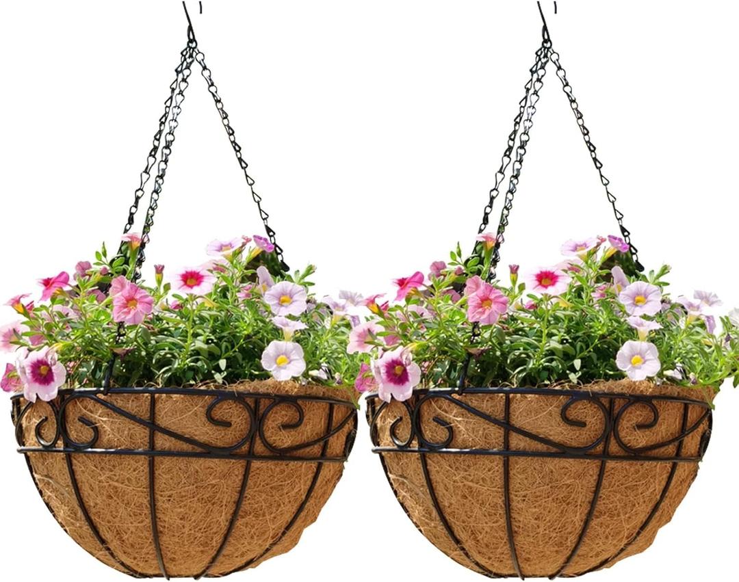 EIMQUVW Outdoor Metal Hanging Planters Basket (2pack, 12 inch) Hanging Baskets for Plants Chain Round Wire Plant Holder with Coco Fiber Liners for Garden, Patio, Deck, Porch(Flower Border)