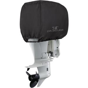 Explore Land Outboard Motor Cover - Waterproof and Fade Resistant 600D Heavy Duty Boat Engine Hood Covers - Fit for Motor 50-115 HP, Black