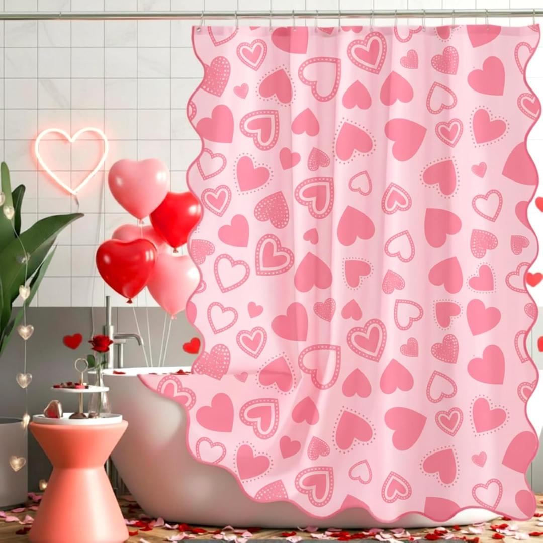 Frienda Valentine's Day Shower Curtain for Bathroom Decor Scalloped Love Hearts Curtain Romantic Waterproof Fabric for Valentines Day Bath Bathtub Decorations, Hooks Include, 72 x 72 Inch (Pink)