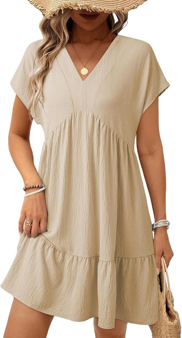 Acelitt Women's Summer Dresses 2026 Beach Casual Deep V Neck Loose Sundress Short Sleeve Mini Dress with Pockets(Size Down) (Large, Parchment)