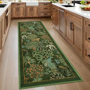 GarveeHome Jungle Rug 2.5x8 Kitchen Runner Rug Non Slip Washable Runners for Hallways, Animal Print Runner Rugs with Rubber Backing Low-Pile Forest Long Carpet for Bedroom Entryway Laundry, Dark Green