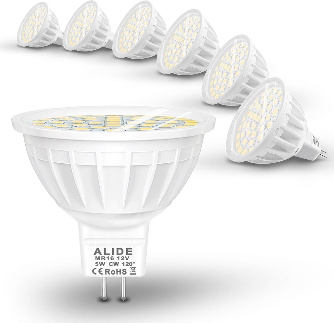 ALIDE MR16 Led Bulbs 5W,50W Halogen Equivalent,Wide Angle 120 Degree,GU5.3 Bi-Pin 5000K Daylight White,12V MR16 LED for Overhead Tracking Flood Recessed Accent Ceiling Landscape Lighting, 6 Pack