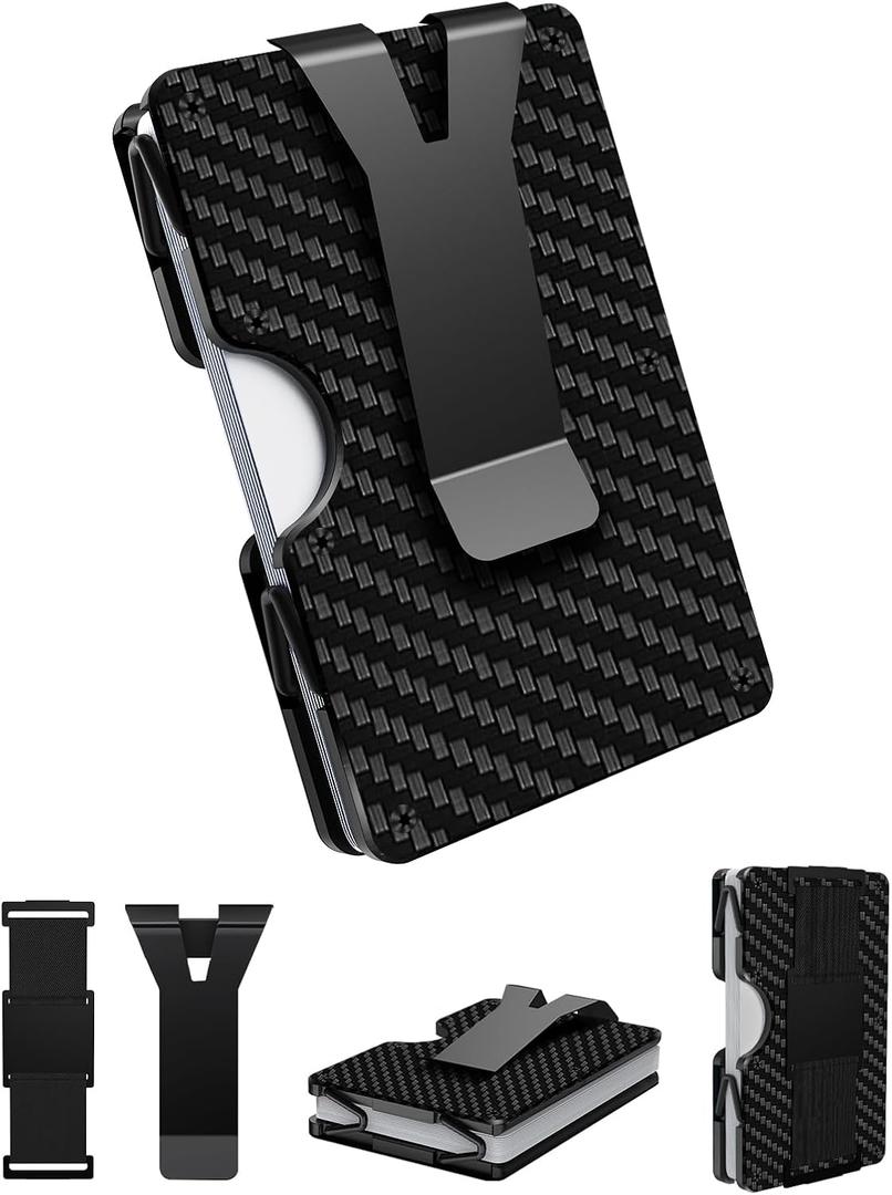 Minimalist Wallet for Men, Metal Wallet with Cash Strap and Money Clip, Mens Slim Credit Card Holder, Front Pocket Wallets, RFID Blocking, Carbon Fiber Aluminum - 12-22 Card Capacity
