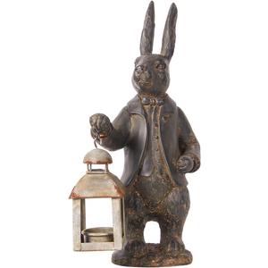 NIKKY HOME Easter Bunny Decorations, Vintage Resin Bunny Figurine with Lantern, Metal Rabbit Tealight Candle Lantern Holder Rabbit Outdoor Statues Gift for Garden Home