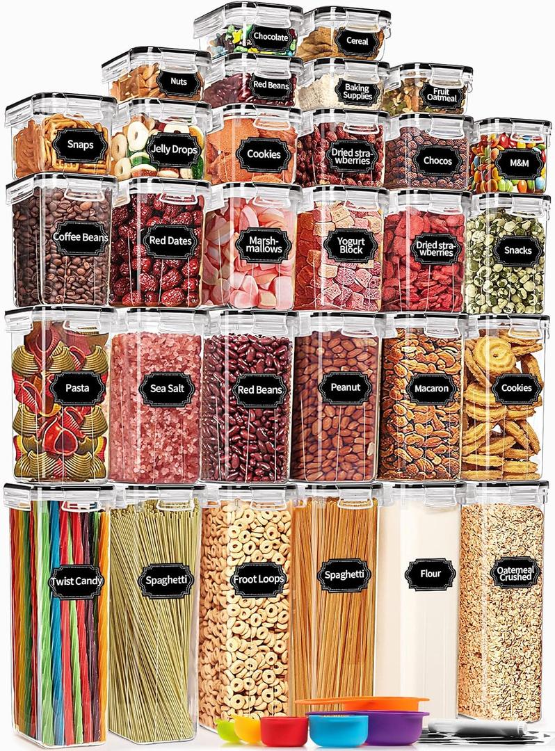 PRAKI 30 Pack Airtight Food Storage Containers for Kitchen Pantry Organizers and Storage, Plastic Kitchen Storage Canisters with Lids,Cereal, Flour & Sugar Containers - Labels, 6 Spoon & Marker (Black-30 Piece)