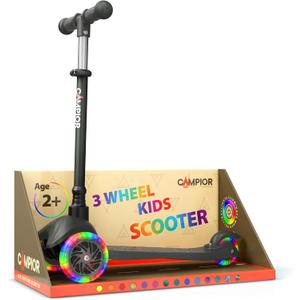 Black Mini 3 Wheel Scooter for Kids Lean-to-Steer with LED Light-Up Wheels, Adjustable Handlebar, Wide Anti-Slip Deck, Smooth PU Wheels, Rear Foot Brake Toddler Scooter for Ages 2+