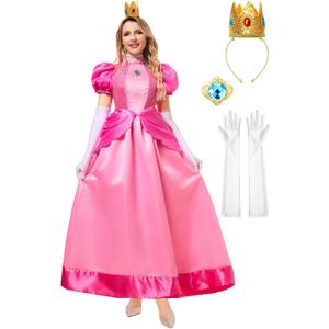 Funna Pink Princess Costume Adult Women Dresses Halloween Dress up Cosplay with Crown Gloves, Large