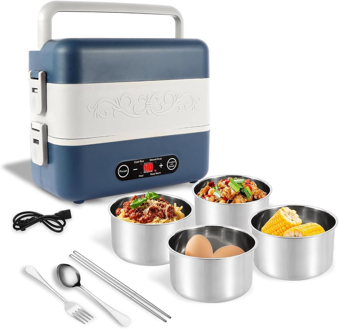Electric Heated Lunch Box for Adults, 2.4L Portable Fast Heating Lunch box with 4 pcs-Food Container,110v Double Steam Electric Food Warmer for Work, Travel, Vegetarians