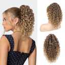 REECHO Ponytail Extension, Curly Claw Clip Ponytail Hair Extension Synthetic Clip in Pony Tails Cheer Ponytail Hair Piece for Dance Sports Daily, Dark Ash Blonde with Golden Ends