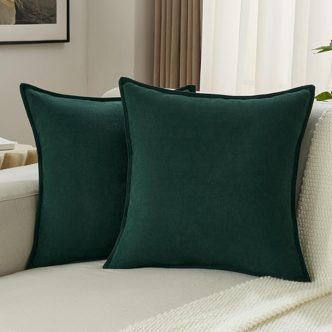 FUTEI Dark Green Chenille Throw Pillow Covers 18x18 Inch Set of 2,Edges Double-Stitched Cushion Cases,Modern Home Decor for Couch Living Room