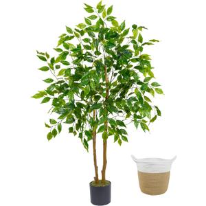 Warmplants Artificial Ficus Tree, 4ft Tall Fake Ficus Tree with Basket, Faux Plant for Indoor Outdoor Home Livingroom Office Garden Porch Dcor