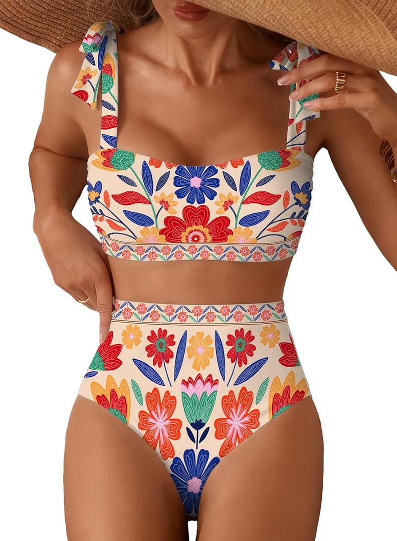 Herseas Womens Bikini Sets Two Piece Full Coverage Swimsuits Shoulder Strap Knot Padded High Rise Tummy Control Bathing Suits Teens Slimming Swimwear Beach Vacation Clothes Orange, Small
