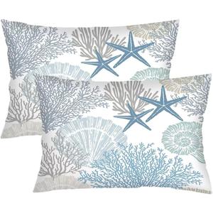 Beach Theme Throw Pillow Cover Queen Size Set of 2,Nautical Blue Coral Starfish Ocean Marine Coastal,Lumbar Pillow Case Standard Pillow Cases with Zipper Decorative Cushion Covers,20"x30",Teal Blue (Color 8)