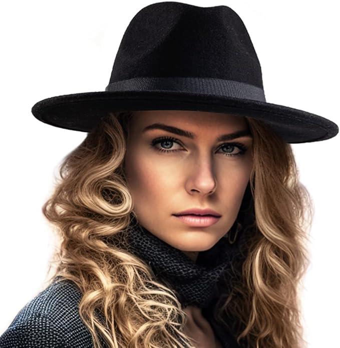 LADYBRO Felt Wide Brim Fedora Hats for Women Men, with Band Belt Buckle, Adjustable (004 Green, Size: 22-7/8", Fit for 22" - 22 7/8")