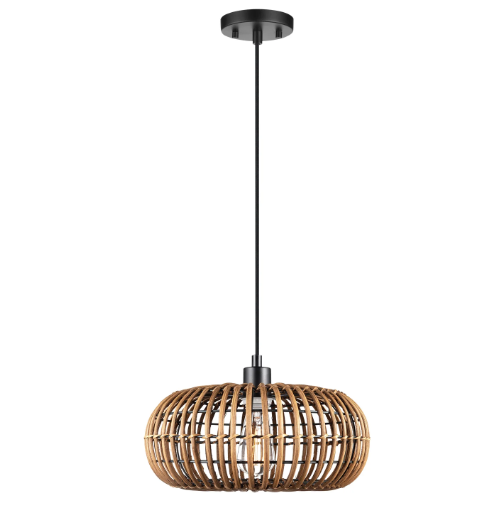 GLOBE Electric 2in1 Fitz 1-Light Plug-in or Hardwire Pendant Lighting, Rattan Shade, Black Socket