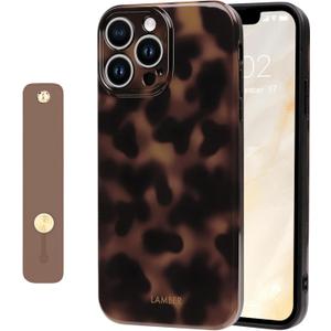 NITITOP Compatible with iPhone 14 Pro Max Case with Wrist Strap Cute Stylish Leopard Aesthetic Tortoise Amber Design for Women Girls Men Soft TPU Shockproof Protective Cover - Brown