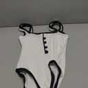 Saodimallsu Womens One Piece Swimsuit Vintage Ribbed Slimming High Cut Color Block Button Square Neck Bathing Suit (X-Small, White)