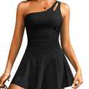 Yonique One Piece Tummy Control Swimdress - Women One Shoulder Bathing Suit with Skirt 2025 Modest Skirted Swim Dress Swimsuit Black XXL