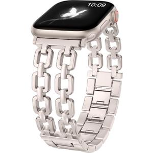 Wearlizer Compatible with Apple Watch Bands 41/40/38/44/45/46/49/42mm Women, Dressy Fancy Metal Chain Pretty Strap Designer Gold Silver Link Bracelet for iWatch Ultra SE Series 10 9 8 7 6 5 4 3 2 1 (Starlight)