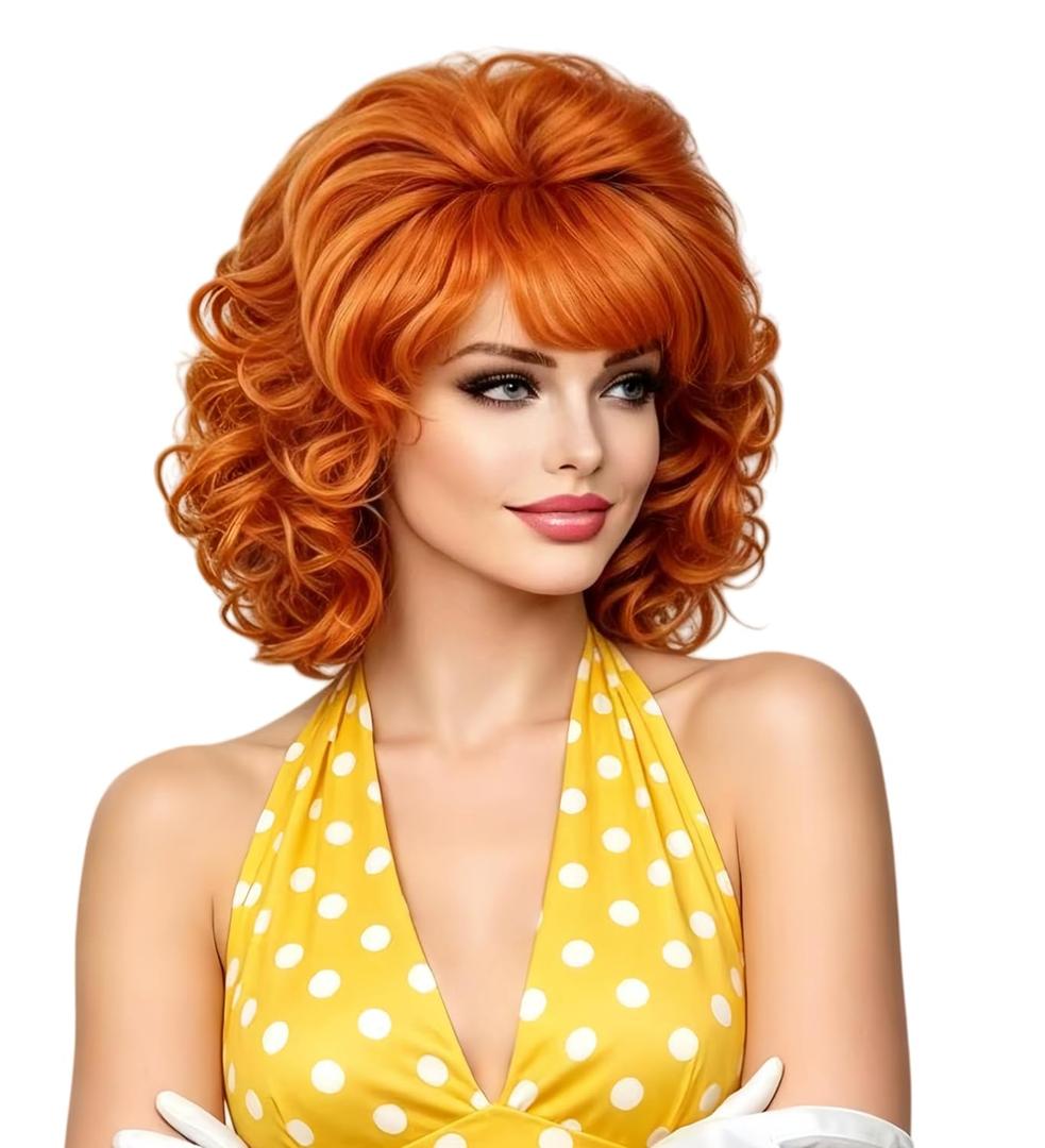 Rugelyss Vintage Short Beehive Orange Red Wig with Bangs Curly Wavy Heat Resistant Synthetic Hair Wigs for Women fits 70s 80s Costume or Halloween and Party
