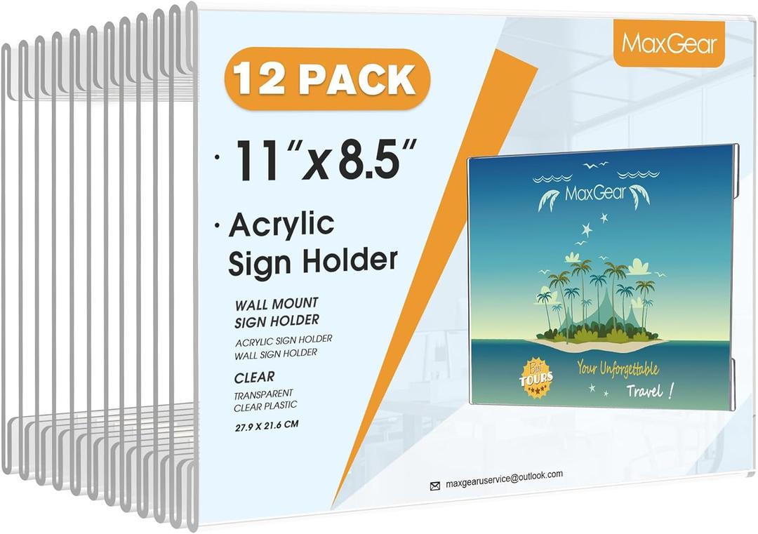 MaxGear Acrylic Sign Holder 8.5x11 with Double Sided Tape, 12 Pack Clear Plastic Door Wall Mount Sign Holder, Document Flyer Poster Paper Acrylic Wall Frame for Office, Home, Store, Restaurant