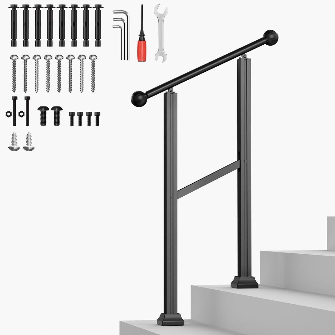 Hand Rails for Outdoor Steps, Heavy Duty 2 Steps Handrails Stair Railing Kit for Indoor & Outdoor Installation, Adjustable Height & Sturdy Porch Railing for Balcony, Porch, Deck