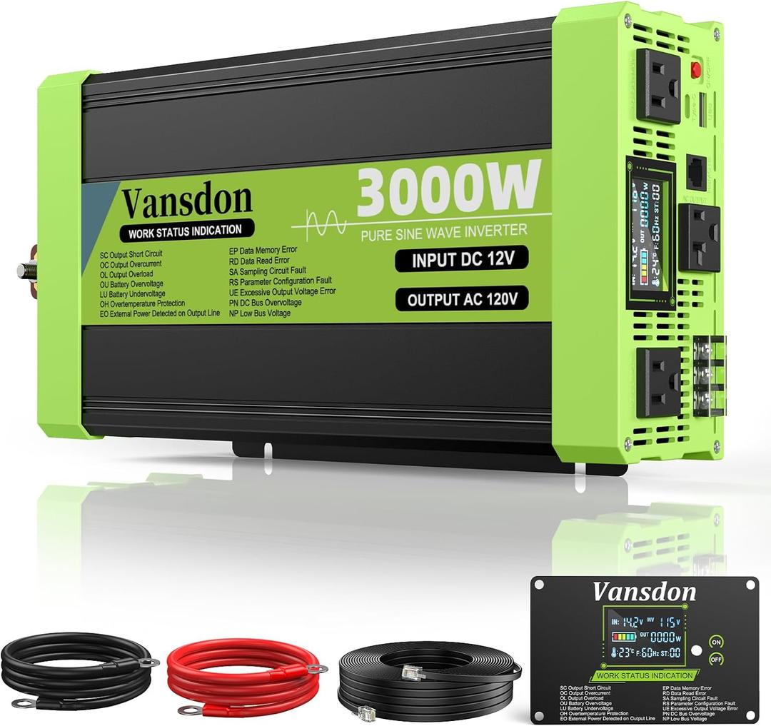 Vansdon 3000W Pure Sine Wave Inverter 12V DC to 120V AC Power Inverters for RV,Truck, Solar, Home, Off-Grid, Car with LCD Display, 3 AC Outlet, 30W USB-C, 5V 2.1A USB,Remote Control, Surge 6000W