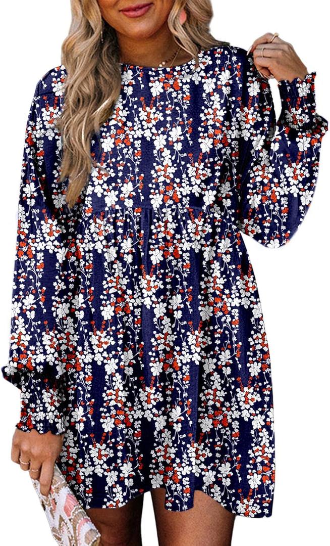 Dokotoo Casual Dresses for Women Flowy Boho Floral Long Sleeve Empire Waist Babydoll Mini Dress