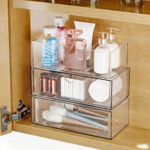 Medicine Cabinet Organizer with Removable Dividers, 3-Tier Stackable Drawer Storage for Bathroom, RV, Vanity, Countertop & Medicine Cabinets, Clear