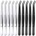 Honoson 10 Pcs Stainless Steel Tweezers for Crafting with Curved Serrated Tip Multipurpose Forceps Sewing Machine Tweezers Bulk (Silver,Black)