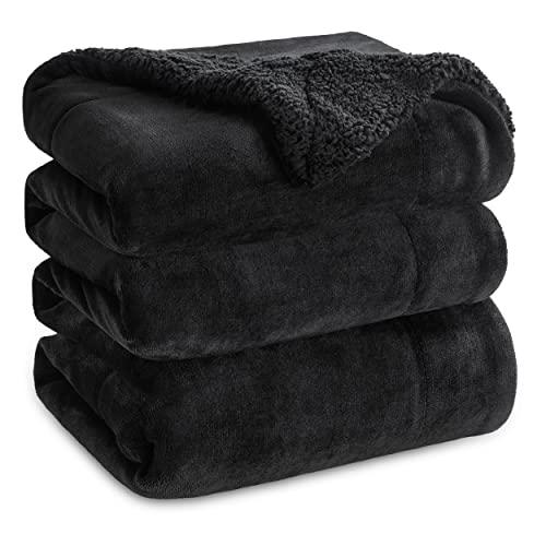 Bedsure GentleSoft Sherpa Fleece Blanket Queen Size for Bed, Non-Heated, Thick and Warm Throw for Women and Men, Soft Fuzzy Plush Heavy Queen Blanket for Winter, Black, 90x90 Inches