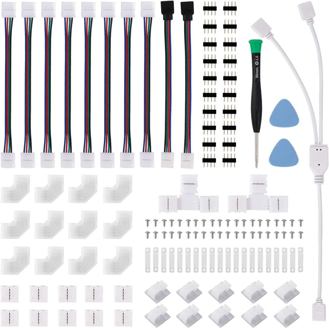 LED Strip Light Connector Kit, Led Strip Accessories Set for 5050 4 Pin 10mm RGB Led Light Strips with Connectors Clips and Tools