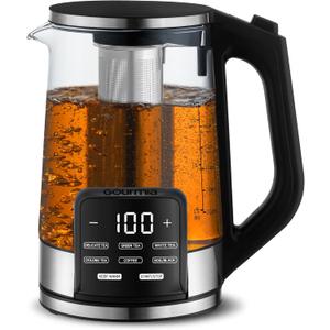 Gourmia Electric Glass Kettle 1.7L Programmable Tea & Coffee Brewer with Digital Touch Display, 6 Presets, Removable Stainless Steel Infuser, Cordless with 360 Swivel Base, Black