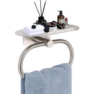 Hand Towel Ring with Shelf, 304 Stainless Steel Hand Towel Holder, Heavy Duty Bath Accessories, Wall Mounted Towel Hanger for Bathroom Kitchen (Brushed Nickel)