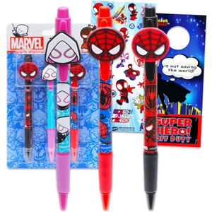 Spidey and Friends Pens for Kids - 3 Pc Ballpoint Pens Gift Bundle Writing Set Featuring Miles Morales, Gwen Stacy, and Peter Parker Plus Stickers, Door Hanger | School Supplies