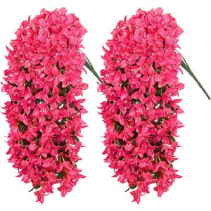 2Pcs UV Resistant Artificial Flowers for Outdoors, Realistic Faux Silk Bougainvillea Flowers, Fake Hanging Plants for Porch Patio Balcony Decoration (Rose Red)