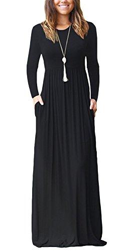 GRECERELLE Women Long Sleeve Casual Round Neck Loose Maxi Long Dress with Pockets, Black, XXL