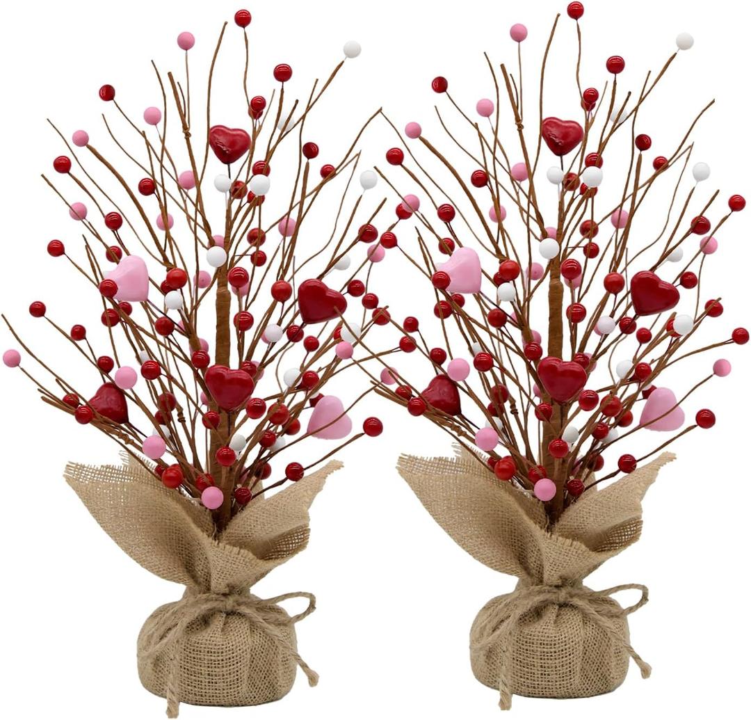 Valentine's Day Artificial Heart Berry Tree Decor - 2 Pack 16-Inch Red & Pink Valentine's Day Table Centerpieces for Valentines Day Indoor Decorations