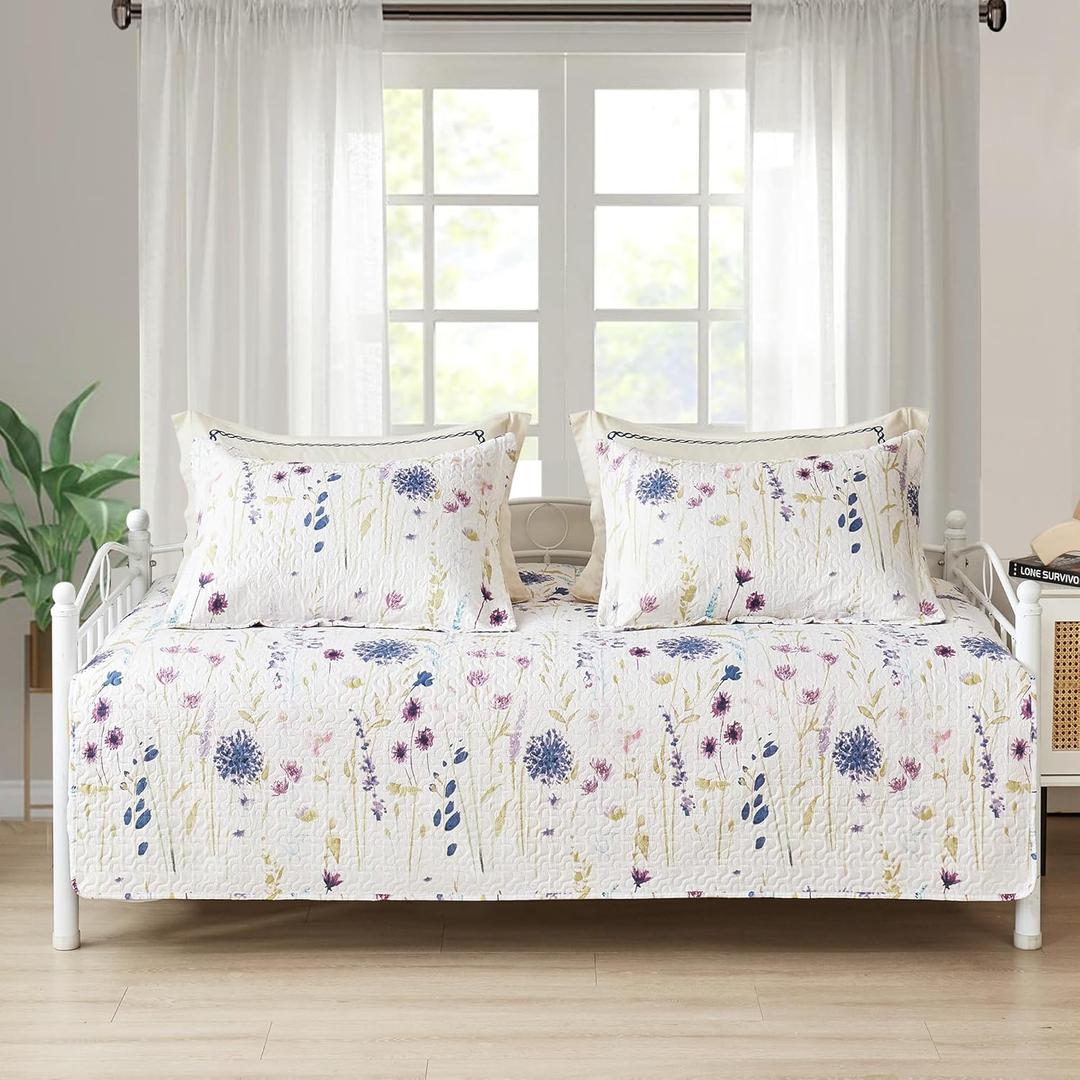 Twin Daybed Cover Set Floral Daybed Bedding 3 Piece Reversible Cozy Day Bed Cover Double Sided Quilt Bedding Purple Flower DayBed Comforter All Season for Twin Bed with 2 Standard Shams,39"x75"