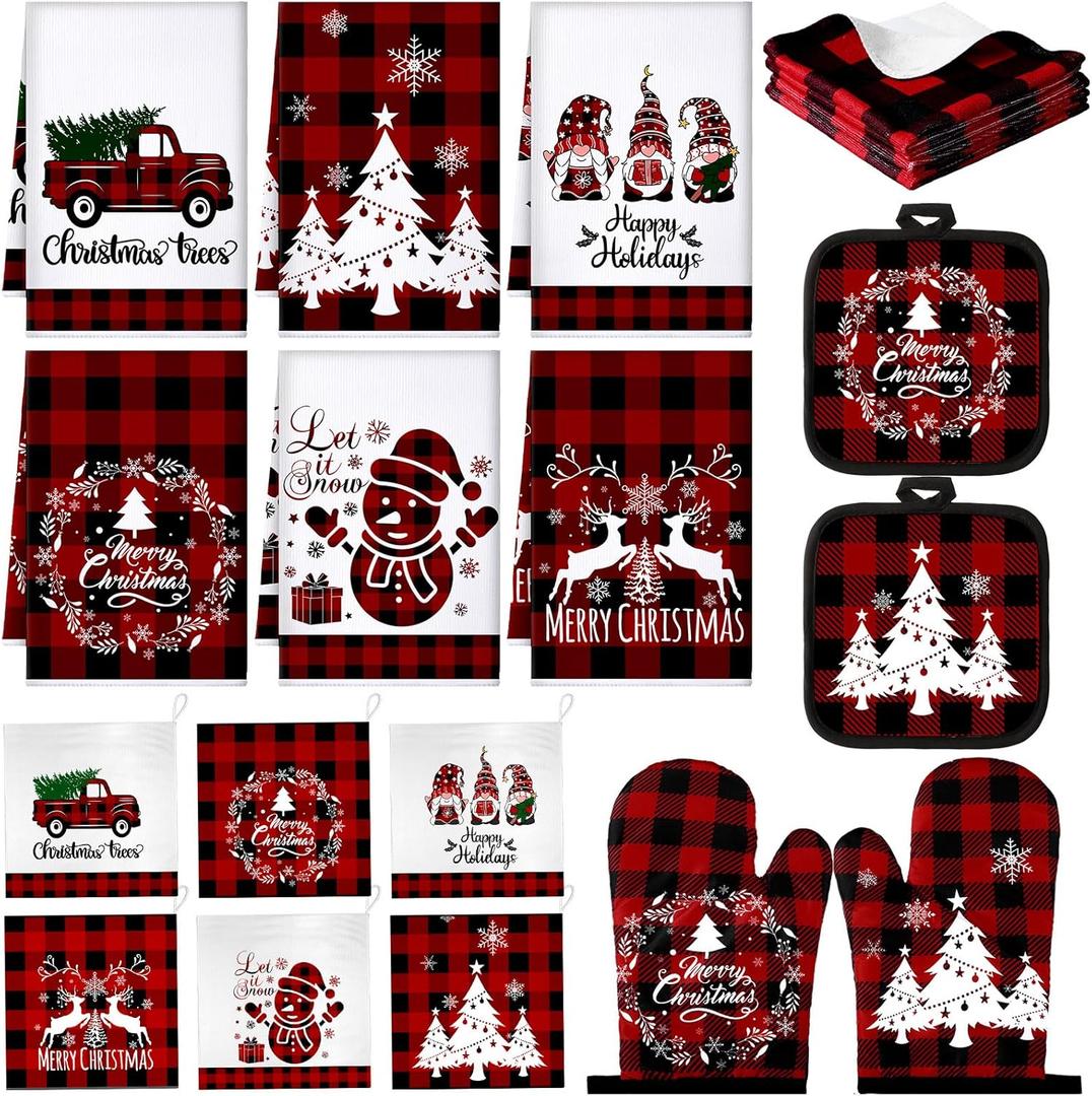 Sratte 20 Pcs Christmas Kitchen Towel Oven Mitts and Pot Holders Set Red and Black Buffalo Plaid Dish Cloths Set Heat Resistant Oven Gloves Hot Pads Reusable Dish Rags, Absorbent Towels