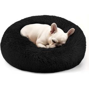 Hoewina Dog & Cat Bed, 20in Cat Beds for Indoor Cats, Calming Donut Bed for Puppy and Kitten, Washable Round Fluffy Pet Bed for Small Medium Dogs and Cats (Black)